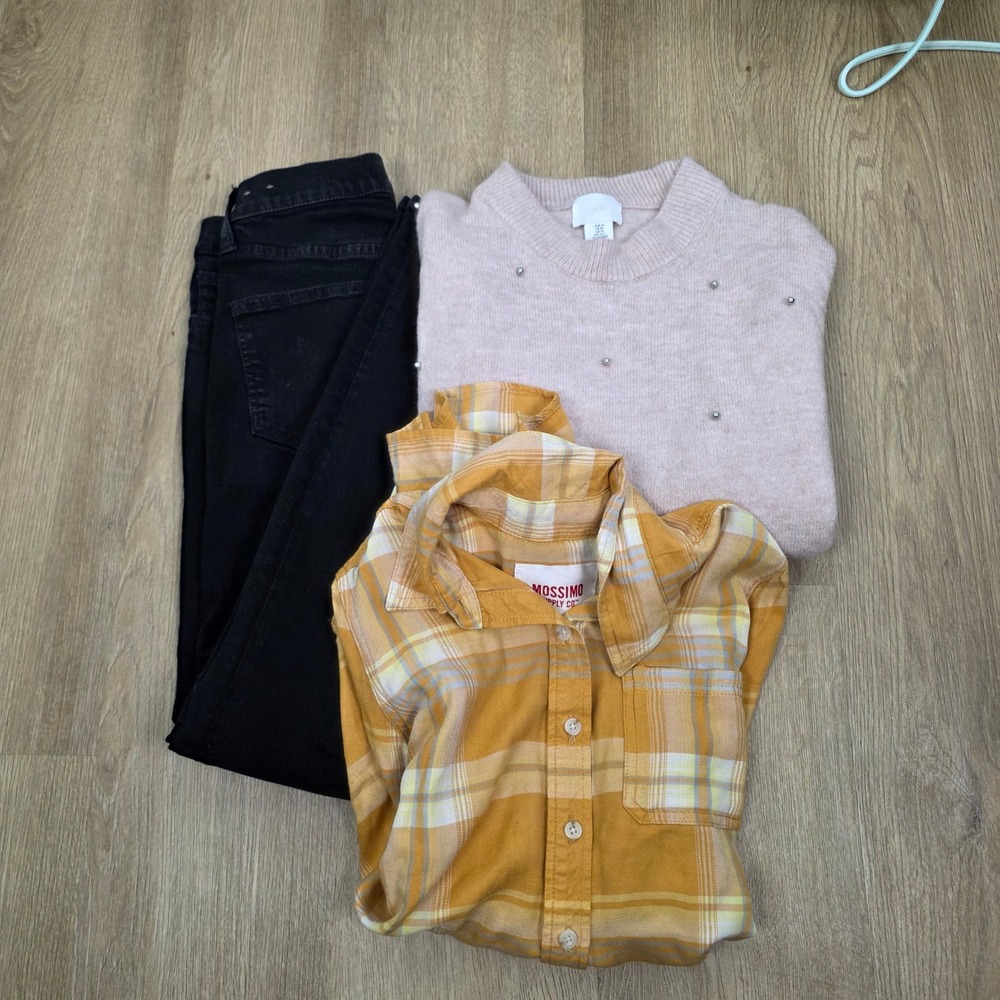 Madewell Roadtripper Jeans H&M Studded Sweater Mossimo Plaid Shirt Bundle Set